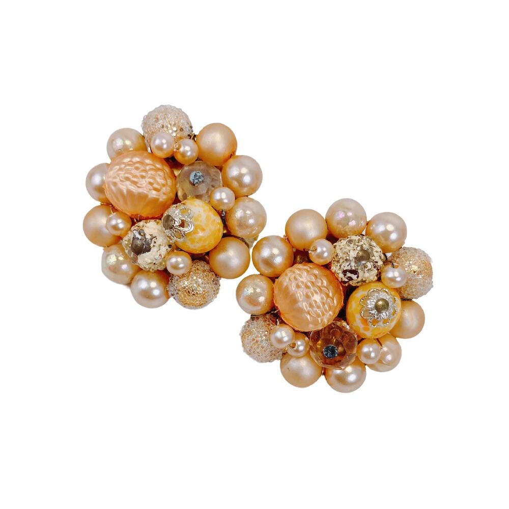Vintage Japan Cluster Clip-On Earrings, MCM Midcentury Retro Orange Pearl Beads